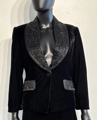 ¡NUEVO! Chaqueta Blazer Victor Costa Negra Terciopelo Noche Talla 6 Mujer Solapas con Cuentas Foto 1 de 4