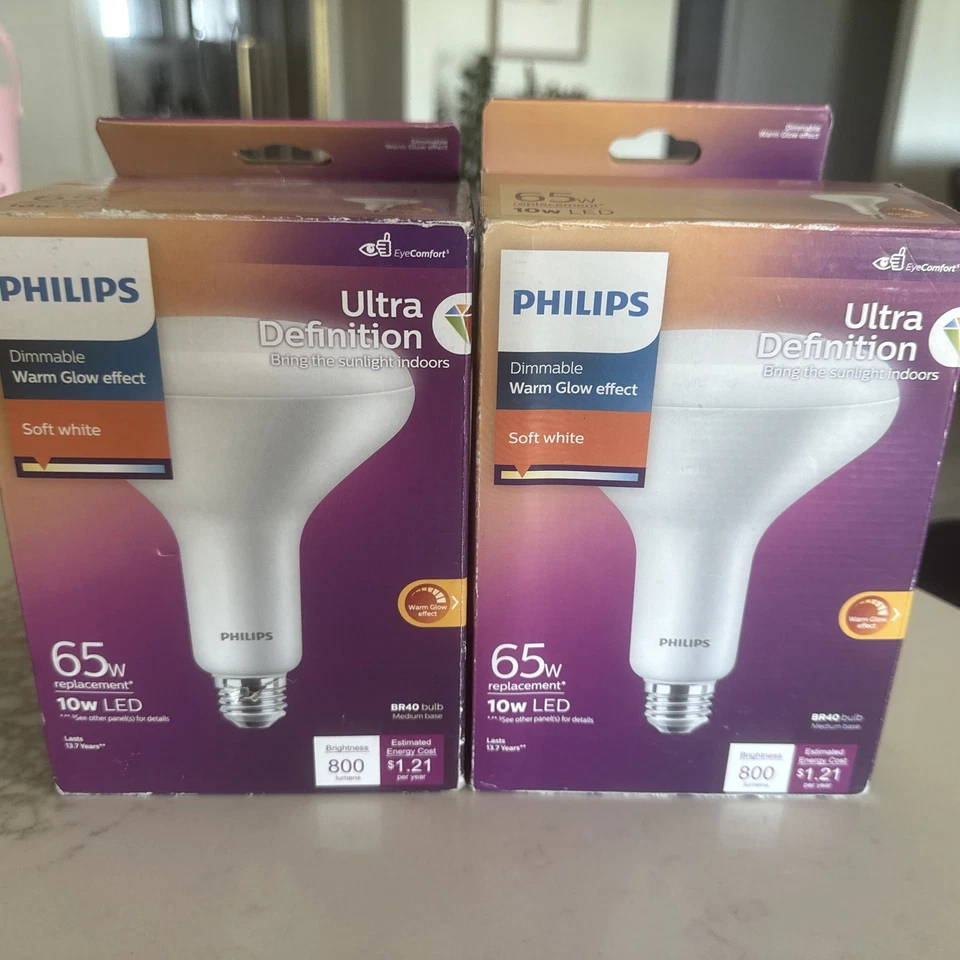2-pack lot Philips 10w=65W Soft White BR40 Dimmable LED Warm Glow Flood Bulb - Image 1 of 1