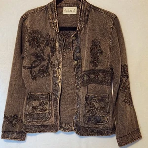 Giacca denim vintage Flashback donna XS/S marrone grigio ricamata perline ritagliate - Foto 1 di 10