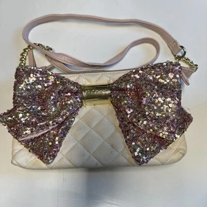 Betsey Johnson Sequin Bow Sholder Bag Purse Pink Purple White 10" x  7" Clutch - Picture 1 of 14