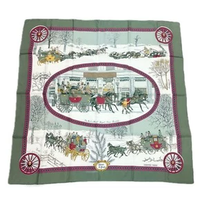 HERMES Hermes scarf Carre 90 LHIVER EN POSTE winter mail coach silk green - Picture 1 of 6