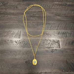 Chrome Trifari Locket Gold Tone Turquoise Enamel Necklace Pendant 29" ULTRA RARE - Picture 1 of 11