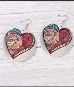 Heart earrings Large round circle Wooden Enamel drop dangle silver lightweight - Picture 1 of 5