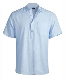 Mens Short Sleeve Collarless Cotton Henley Shirts Casual Slim Tee Tops S - Picture 1 of 5