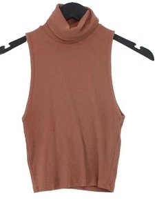Zara Women's Top M Brown Cotton with Elastane Sleeveless Roll Neck Cropped - Picture 1 of 5
