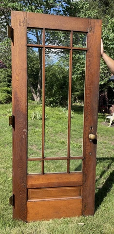 ANTIQUE OAK 9 LIGHT GLASS PANES ENTRY EXTERIOR DOOR ANTIQUE HARDWARE ORIG HINGES Cover