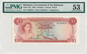 BAHAMAS 3 DOLLARS 1965 PICK# 19a SN A330873 - PMG 53 ABOUT UNCIRCULATED - Picture 1 of 2