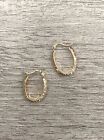 10K Yellow Gold Star Etched Oval Hoop Earrings 3/4" 1.05g
