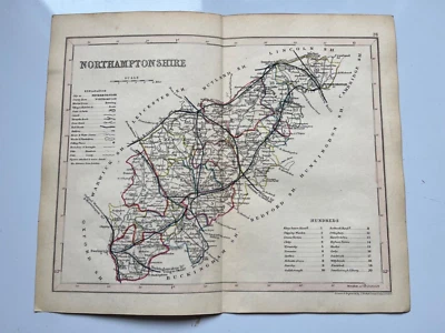 c1850 antique map of Northamptonshire England hand coloured vintage engraving - Imagem 1 de 4