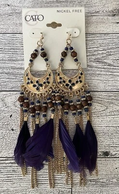 Cato Gold Tone Dangle Drop Earrings Navy Blue Feathers Beaded Nickel Free - Image 1 of 4