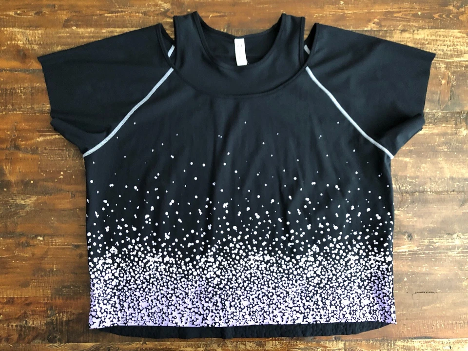 Under Armour Heat Gear Black Violet Polka Dot Top Women’s Cold Shoulder M - Image 1 of 4