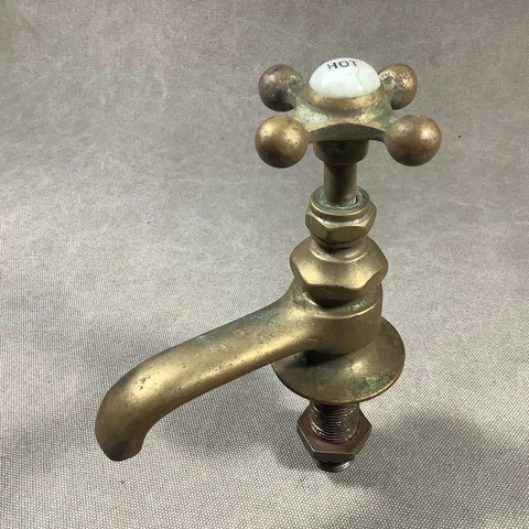 Vintage Brass Sink Faucet With Porcelain ‘Hot’ Button Cover
