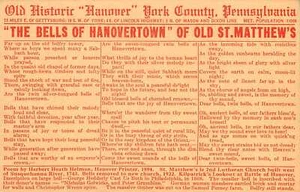 Postcard Pennsylvania Hanover York Bells Old St. Matthews Unposted - Picture 1 of 2