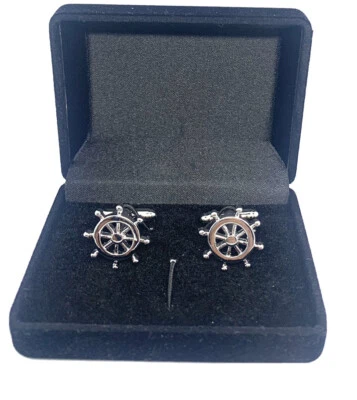 Wheel Helm Sailing Cufflinks  Titanium Plated -in Cufflink Box - Wedding  Family - Image 1 of 2