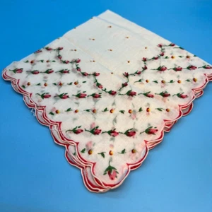 Vtg White Linen Blend Floral Applique Square Handkerchief Circa 1950's Collector - Picture 1 of 5