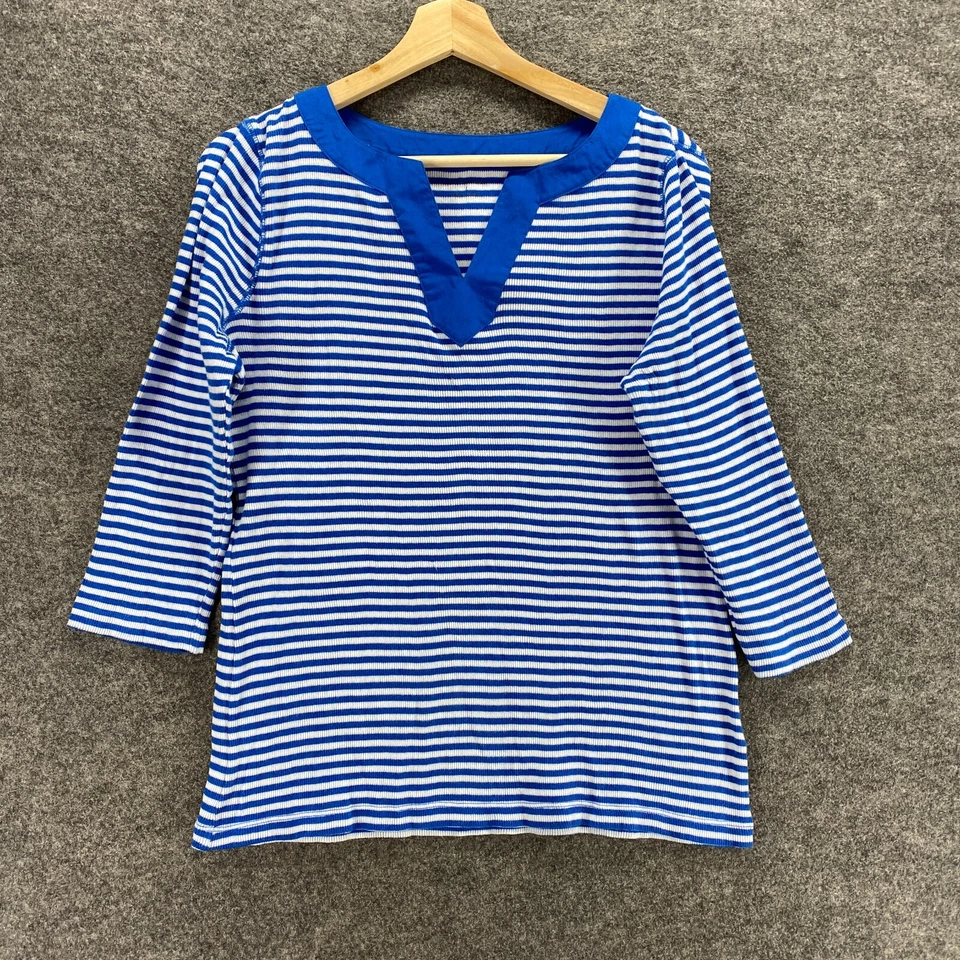 Blusa Croft & Barrow Feminina G Grande Listrada Azul Decote V Manga 3/4 Algodão Casual - Imagem 1 de 4