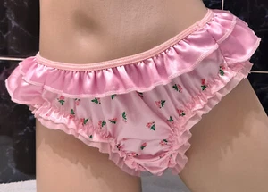 Bragas de satén sedoso con estampado de rosas rosa con volantes y encaje L - Imagen 1 de 24