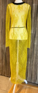 Diane Von Furstenberg Yellow Lace Sheer Dress Overlay Black Beaded Collar Size 4 - Picture 1 of 12