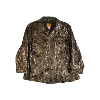 Ruby Rd. Green Bronze Metallic Animal Skin Cheetah Print 3/4 Sleeve Jacket 18W - Image 1 of 4