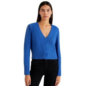 Cardigan Me+Em seta cashmere maglione maglia cavo blu taglia media lusso accogliente chic - Foto 1 di 13