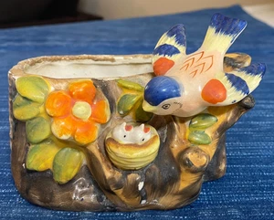 Fioriera ramo fiore nido uccelli ceramica vintage GIAPPONE colorata tasca da parete 37B - Foto 1 di 6
