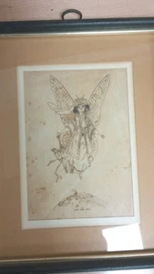 Antigua pluma de ángel tinta enmarcada dibujo firmado 1908 por Frank Keller artista del Bronx - Imagen 1 de 2
