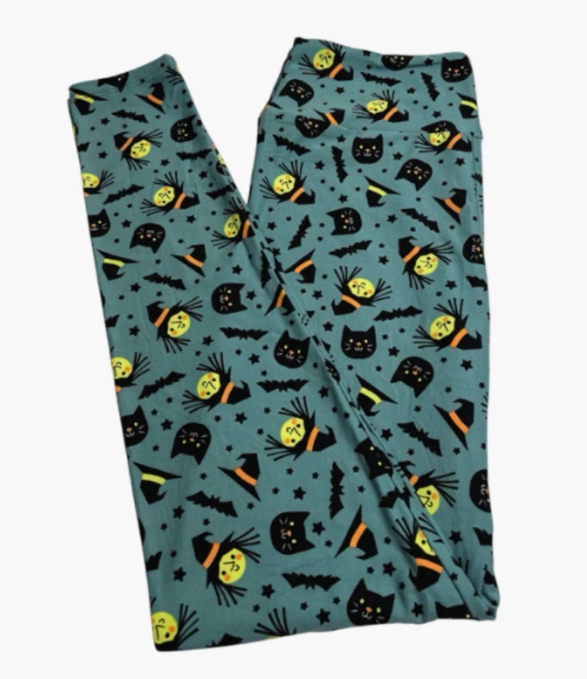 NEW LuLaRoe OS Leggings Rare Kitty Cat HALLOWEEN WITCH Night Bats Stars Hat BLUE - Image 1 of 4