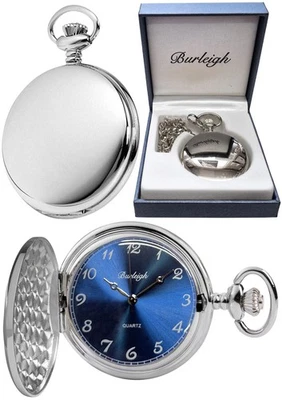 Burleigh Full Hunter Pocket Watch, Quartz Chrome Blue Face Free Engraving (1254) - Image 1 of 4