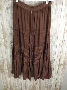 Vtg Just Cruising  Womens Boho Maxi Skirt Brown Embroidered Pull On Free Size - Picture 1 of 6