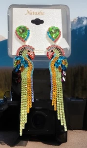 Parrot Earrings, 5” Rhinestone Chandelier Style, 🦜Natasha - Picture 1 of 6
