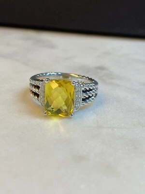 David Yurman 925 Silver Petite Wheaton Ring Yellow citrine & Diamonds Size 7 - Image 1 of 4