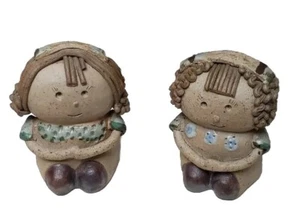 Artisanal Kitsch Art Pottery Stoneware Salt Pepper Shakers Girls Kids Twins - Picture 1 of 12