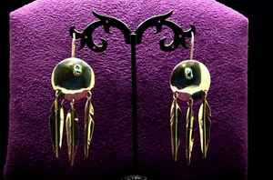 Handmade 925 Sterling Silver Round Fishhook Earrings w/ Turquoise & Feathers - Picture 1 of 4