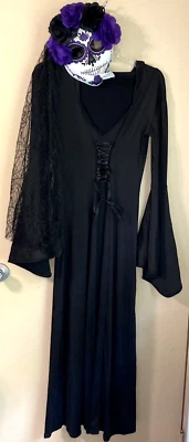 Day of the Dead Sugar Skull Bride Mask Black Veil & Black Dress Costume Adult - Image 1 of 4
