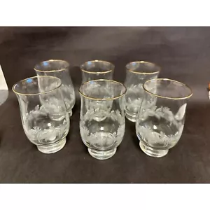 Vintage Libbey Etched Pinecone Glasses Gold Rim Footed Tumblers Set Of 6 - Picture 1 of 6