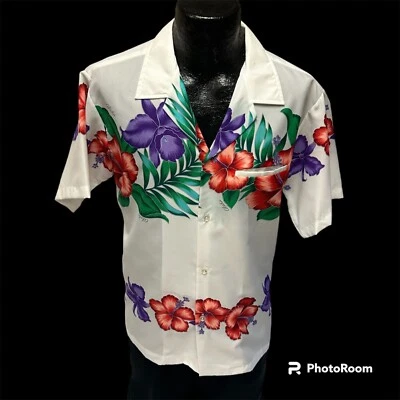 Camisa de Playa HIBISCO Hawaiana ALOHA De Colección Años 60 Para Hombre BRILLANTE FLORAL Roja Púrpura Foto 1 de 4