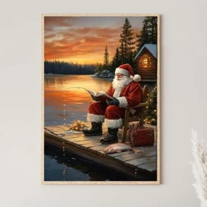 Vintage Santa Reading And Fishing,Santa Claus Poster.Christmas Wall Art.No Frame - Picture 1 of 7