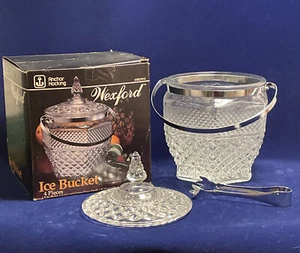 EUC Vtg 1960s Anchor Hocking Wexford Ice Bucket Lid Tongs Cut Glass Chrome Plate - Picture 1 of 12