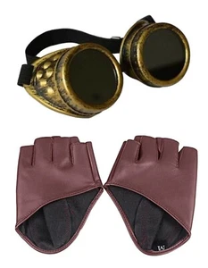 Steampunk Hellbraun Halb Palm PU Handschuhe + Messing Nieten Brille Goth Kleid - Bild 1 von 3
