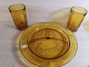 Tiara Indiana Glass Amber Child's Nursery Rhyme 2 Tumblers, 3 Compartment Plate - Picture 1 of 5