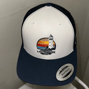 NWT Yupoong navy blue & white snapback trucker hat with Lighthouse embroidery - Picture 1 of 6