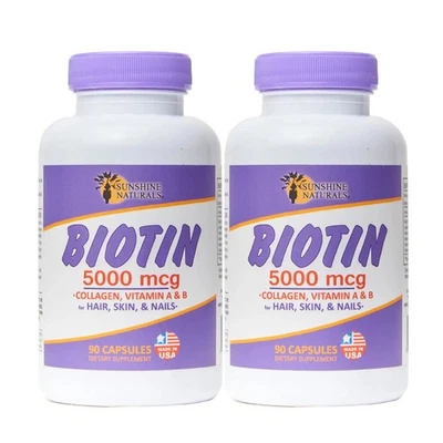 Sunshine Naturals Biotin. 5000 mcg. 90 Caps, Pack of 2 - Image 1 of 4