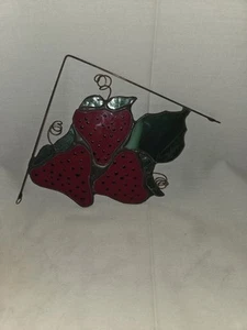 Strawberry Stained Glass Window Corner Panel Suncatcher Victorian Style Signed - Picture 1 of 3