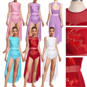 Women Leotard Flower Dress Costume Dancewear Ballerina Adult Lyrical Round Neck - Picture 1 of 46