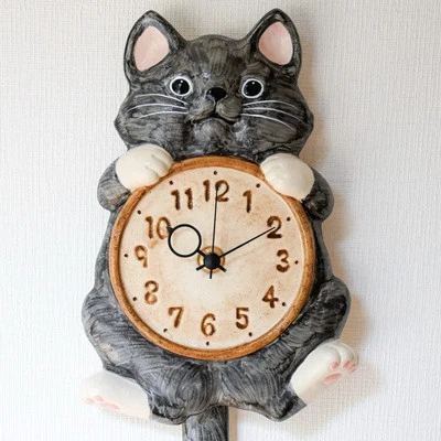Japanese Lucky cat Maneki Neko Wall Pendulum Clock Gray Pottery Seto ware Gift - Image 1 of 4