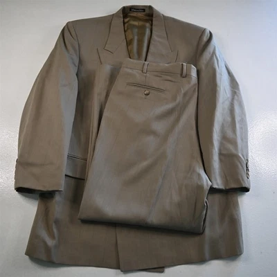 Vtg USA Made 46L 40x30 Khaki Striped Wool Double Breasted Mens Jacket Pants Suit - Image 1 of 4