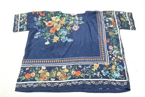 Johnny Was Mixed Blumendruck Top Damen Large Blau Boxy Fit Kurzarm Seide - Bild 1 von 12