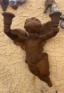 17 inch Chalkware - Faux Rusted - Cherub -  WALL MOUNT  - 2 candle - SCONCE - Picture 1 of 9
