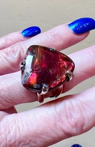 GORGEOUS Designer Large Sterling Silver & Brilliant, Fiery Red Ammolite Ring - Picture 1 of 18