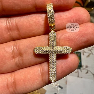Moissanite Gold Tone Cross Pendant 2 CT VVSD 925 Silver Charm + Steel Rope Chain - Picture 1 of 9